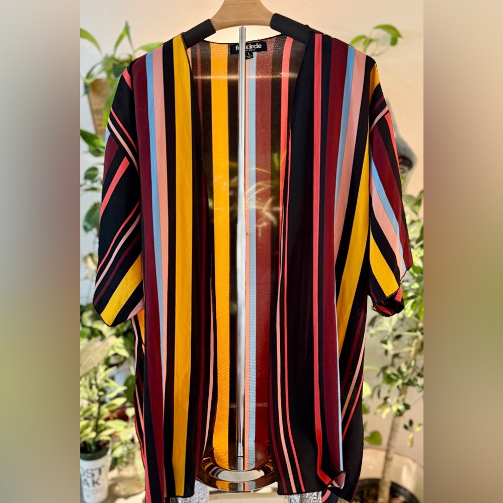 Chic Striped Multicolor Kimono Burgundy Mustard and Black